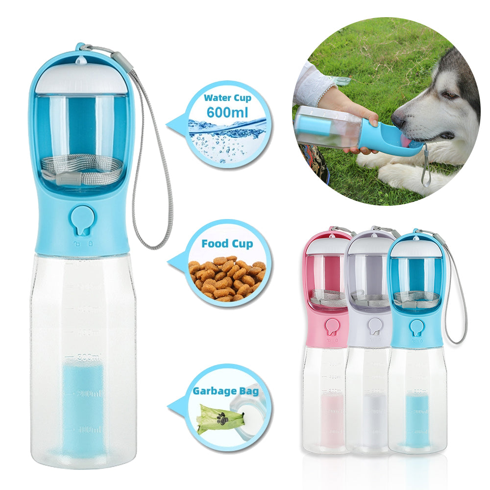 Portable dog water bottle with food container and poop bag holder